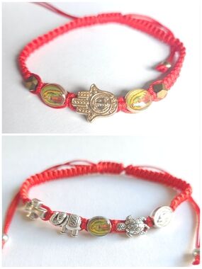 Red Macrame Bracelet with Gold Hamsa & Religious Charms Virgin Guadalupe